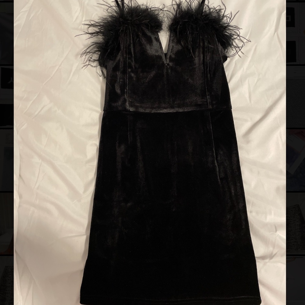 Black velvet feather detail mini dress